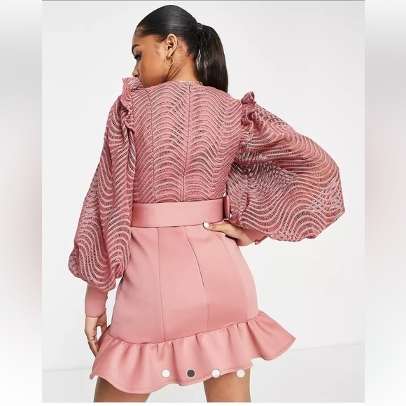 NWOT ASOS DESIGN | lace diamante belt ruffle hem mini dress in rose 2 - Picture 8 of 9